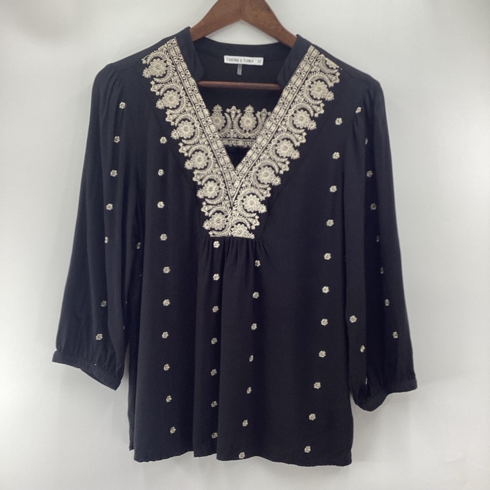Woman’s Black Blouse with Gold Embroidery 3/4 Sleeves - Picture 3 of 13